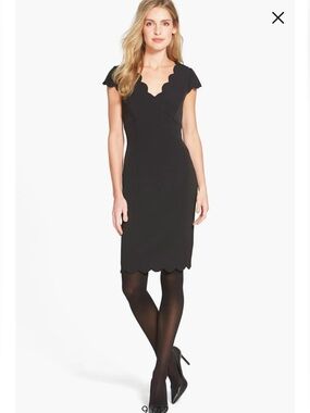 Adrianna Papell Black Scallop-Edge Cap Sleeve Midi Dress